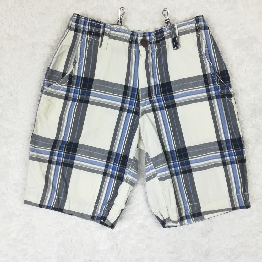 Aeropostale Mens Shorts Bermuda Flat Front Cream Blue Plaid Windowpane 28